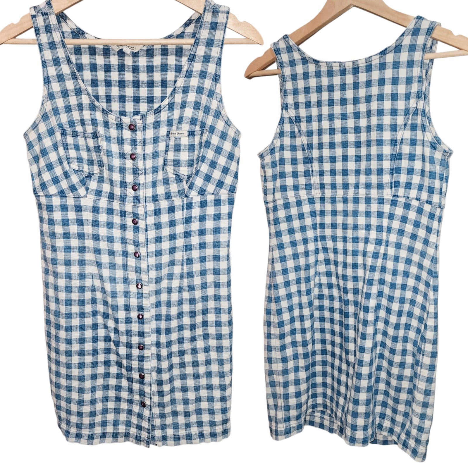 GUESS JEANS USA Sz 5 Y2K Vintage Blue White Checkered Snap Front Jumpsuit Dress