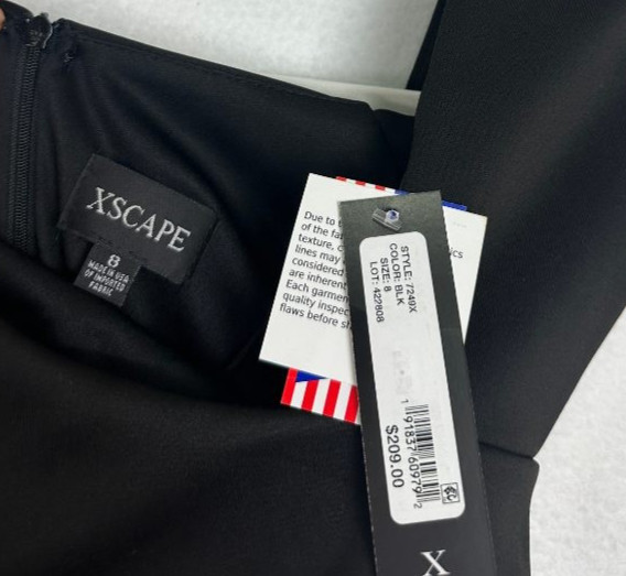 Xscape Cocktail Dress 8 Black Ruched Sheath Asymmetric Neck Cap Sleeve NWT