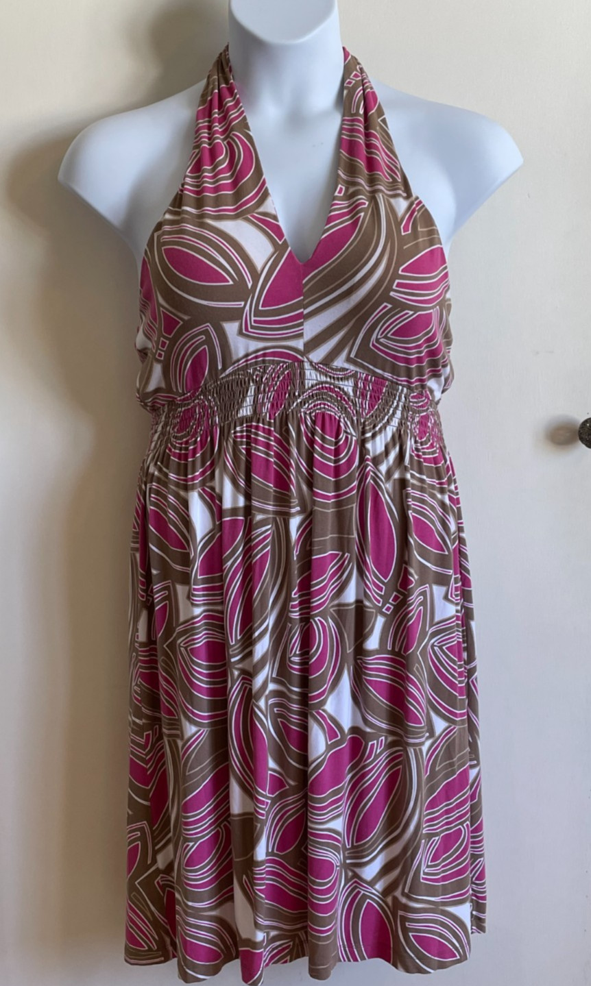 Tommy Bahama Halter Dress XL Pink Brown Abstract Resort Chic