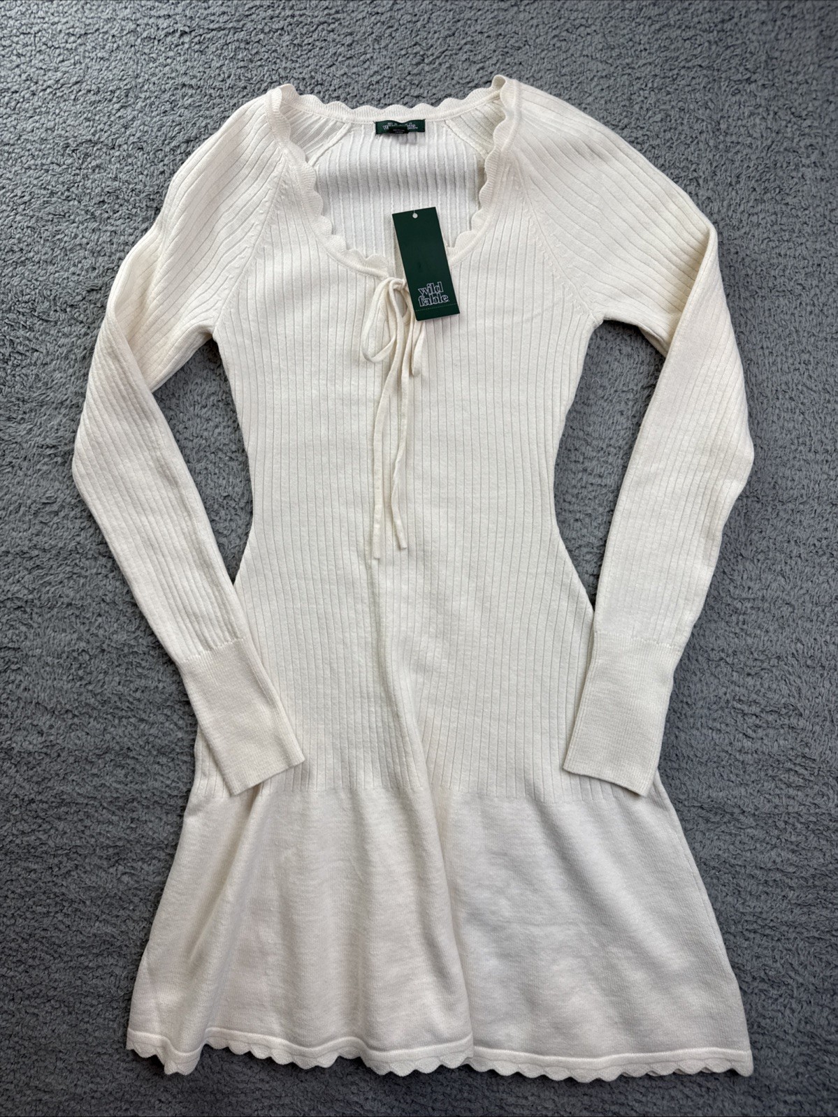 Wild Fable Sweater Dress Womens XXS White Long Sleeve Fit Flare Ruffle Hem Mini