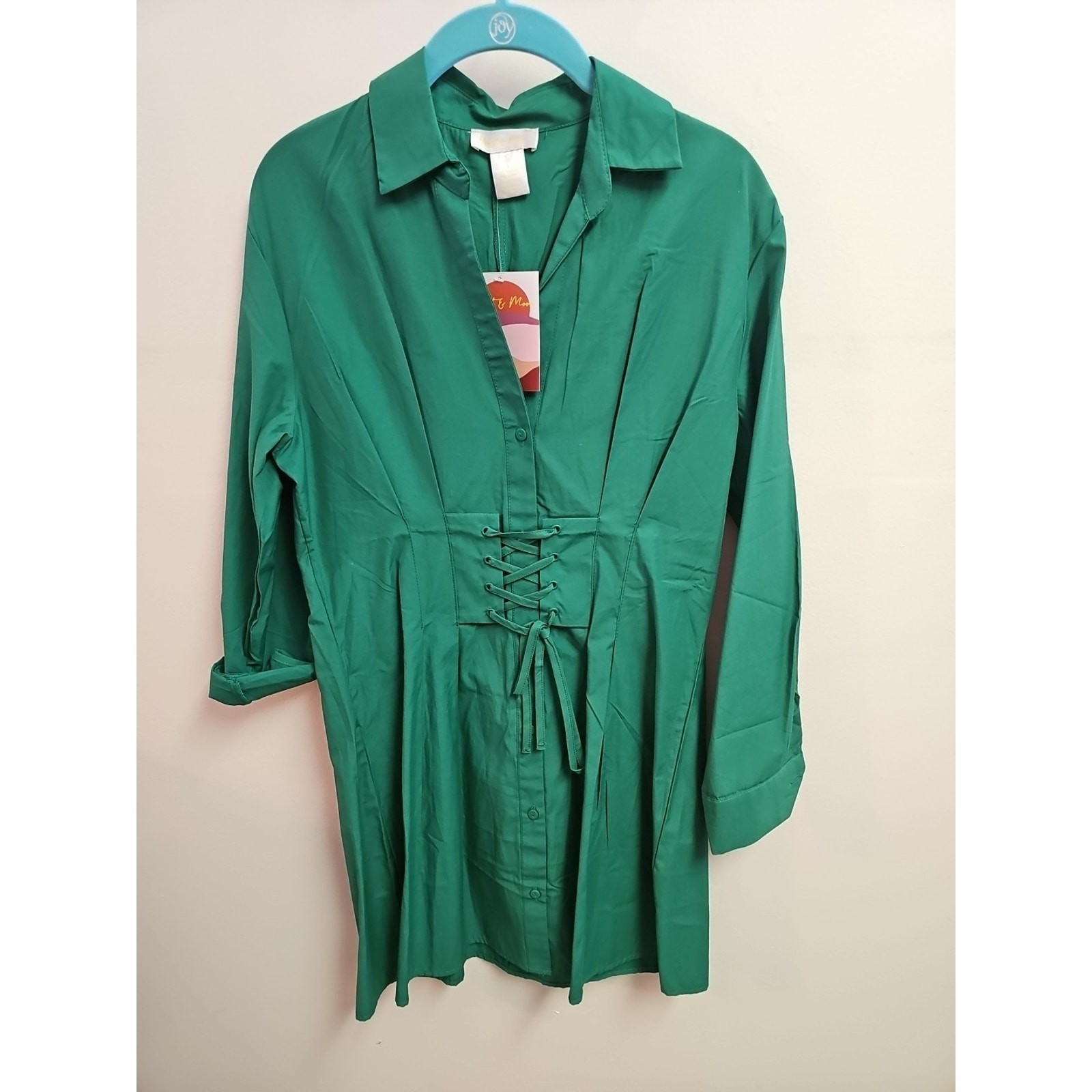 Heart & Moon Green V Neck Button Down Tied Waist Dress With Cuff Sleeves Size M