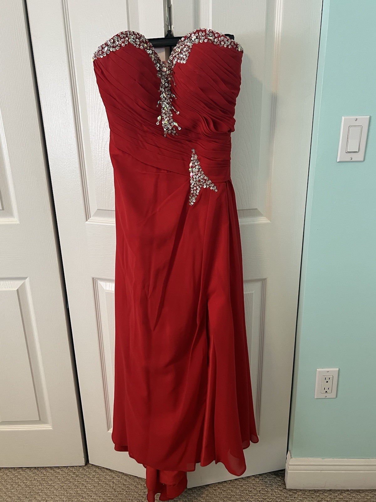 JJ’s House Red Sweetheart Strapless Chiffon Beaded Long Slit Formal Dress 2