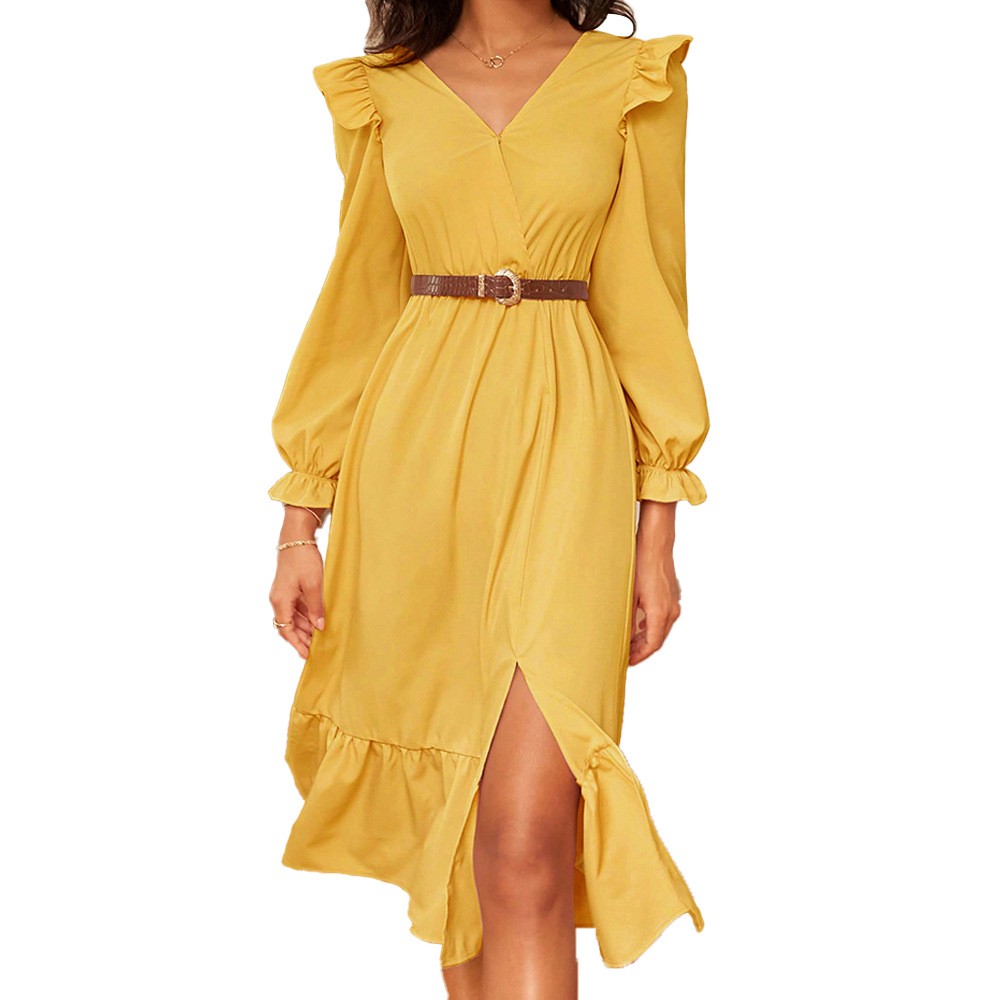 2026 V-neck High-waist Long Sleeve Backless A-line Yellow Dress