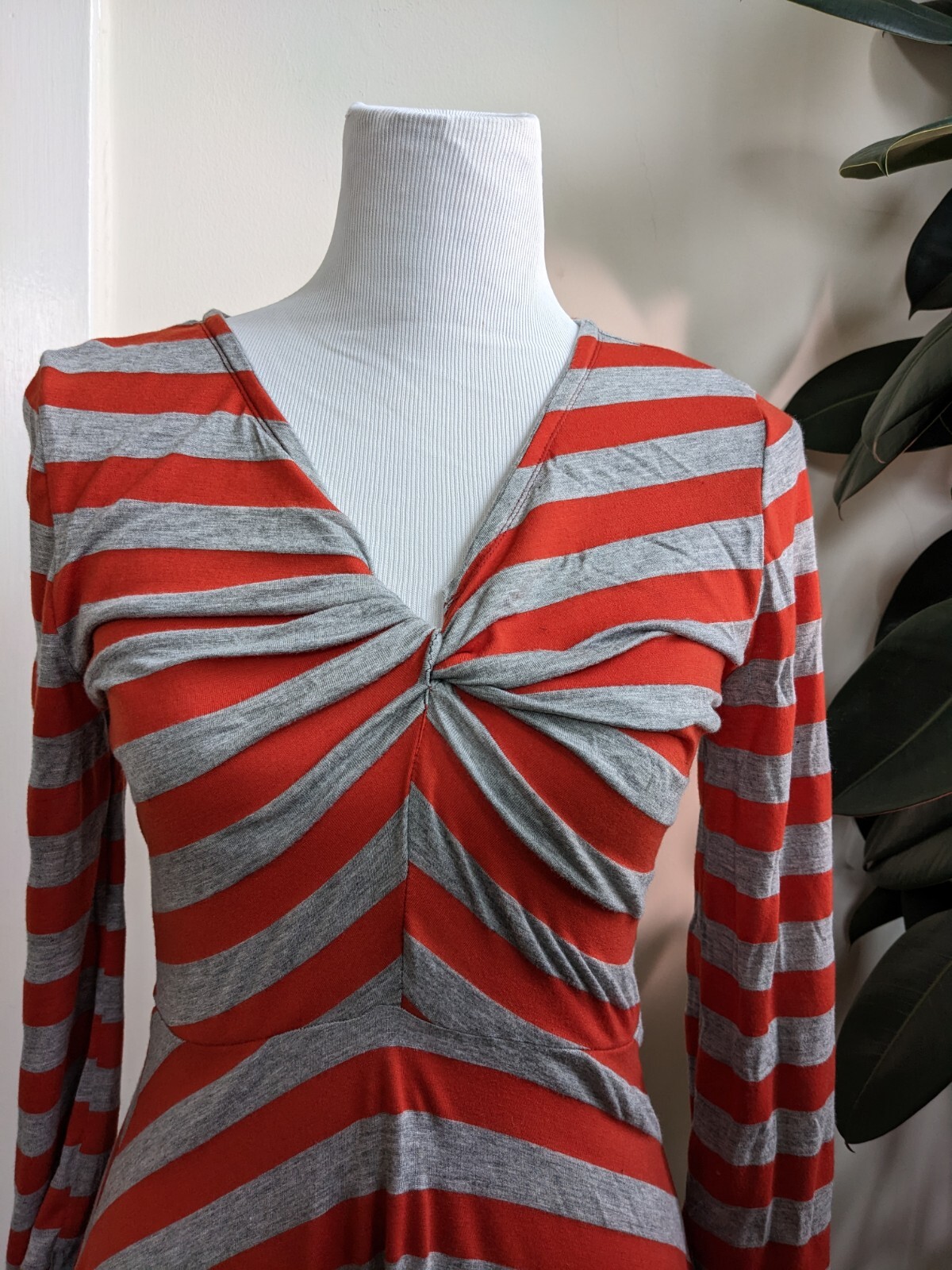 bright red / heather gray striped gathered bust long sleeve rayon dress knit