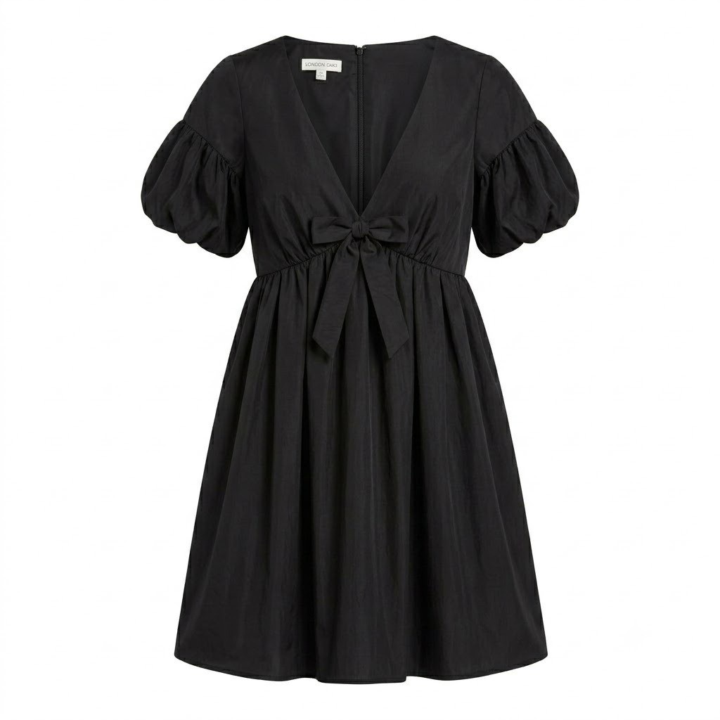 London Times Black Puff Sleeve Bow Empire Waist Babydoll Dress Size 6