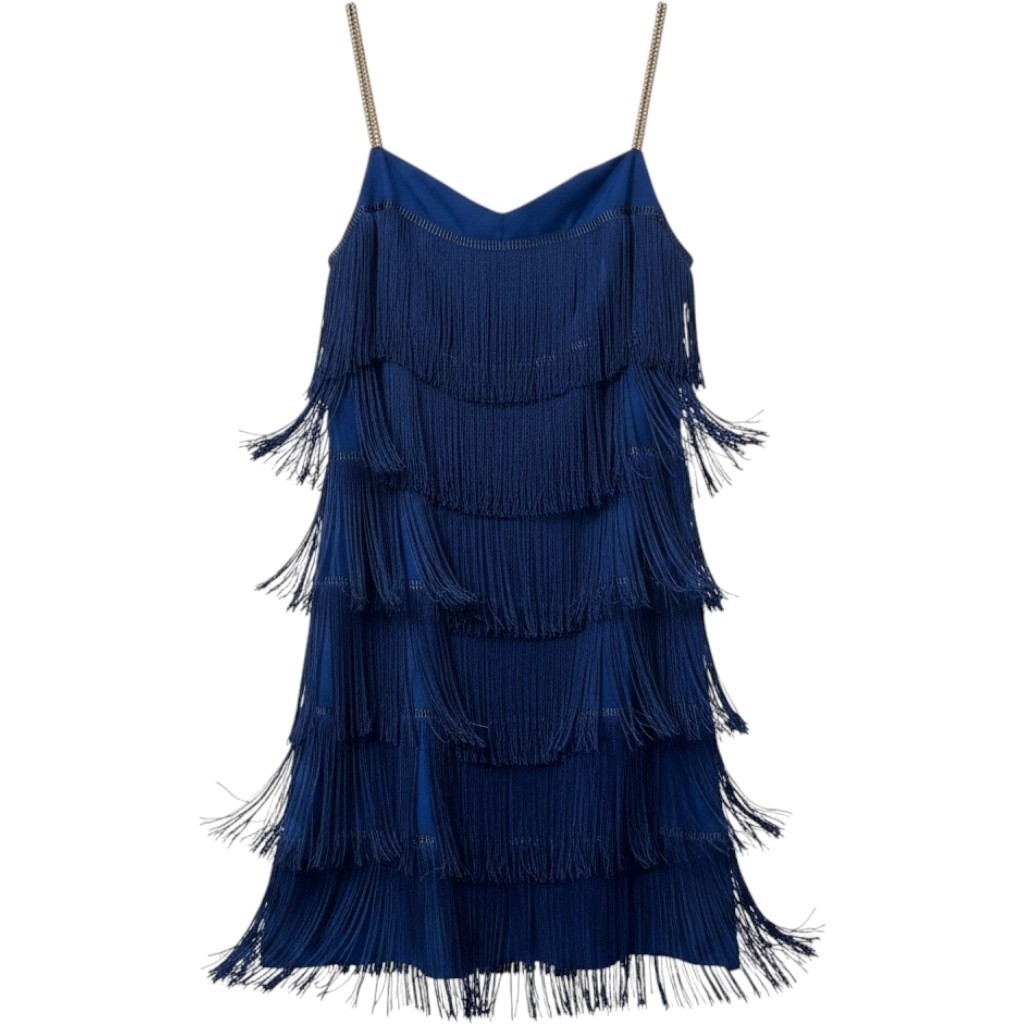 Navy Blue Fringe Flapper Mini Dress S Rhinestone Straps Tiered 20s Style Glam