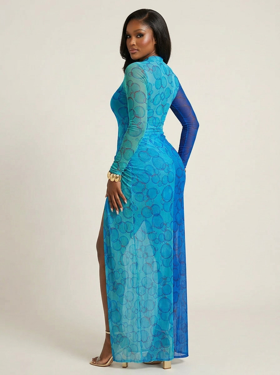 Azure Bubble Mesh Maxi Dress