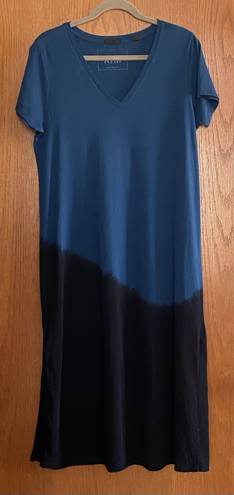ATM Anthony Thomas Melillo SS Cotton V-Neck Midi T-Shirt Dress Blue Black L EUC