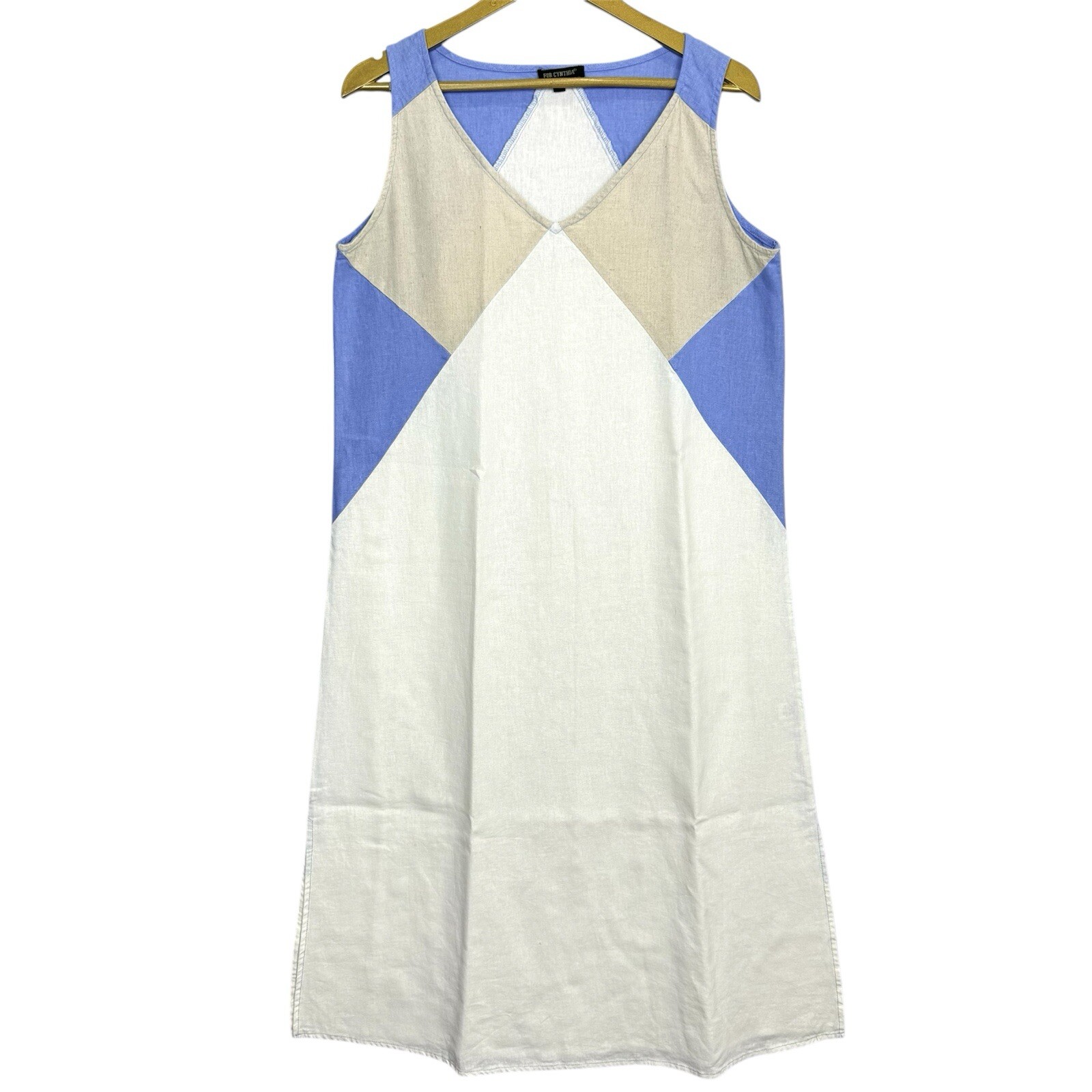 Cynthia Linen Blend Shift Dress Size M White Beige Blue Resort Beachy Modest