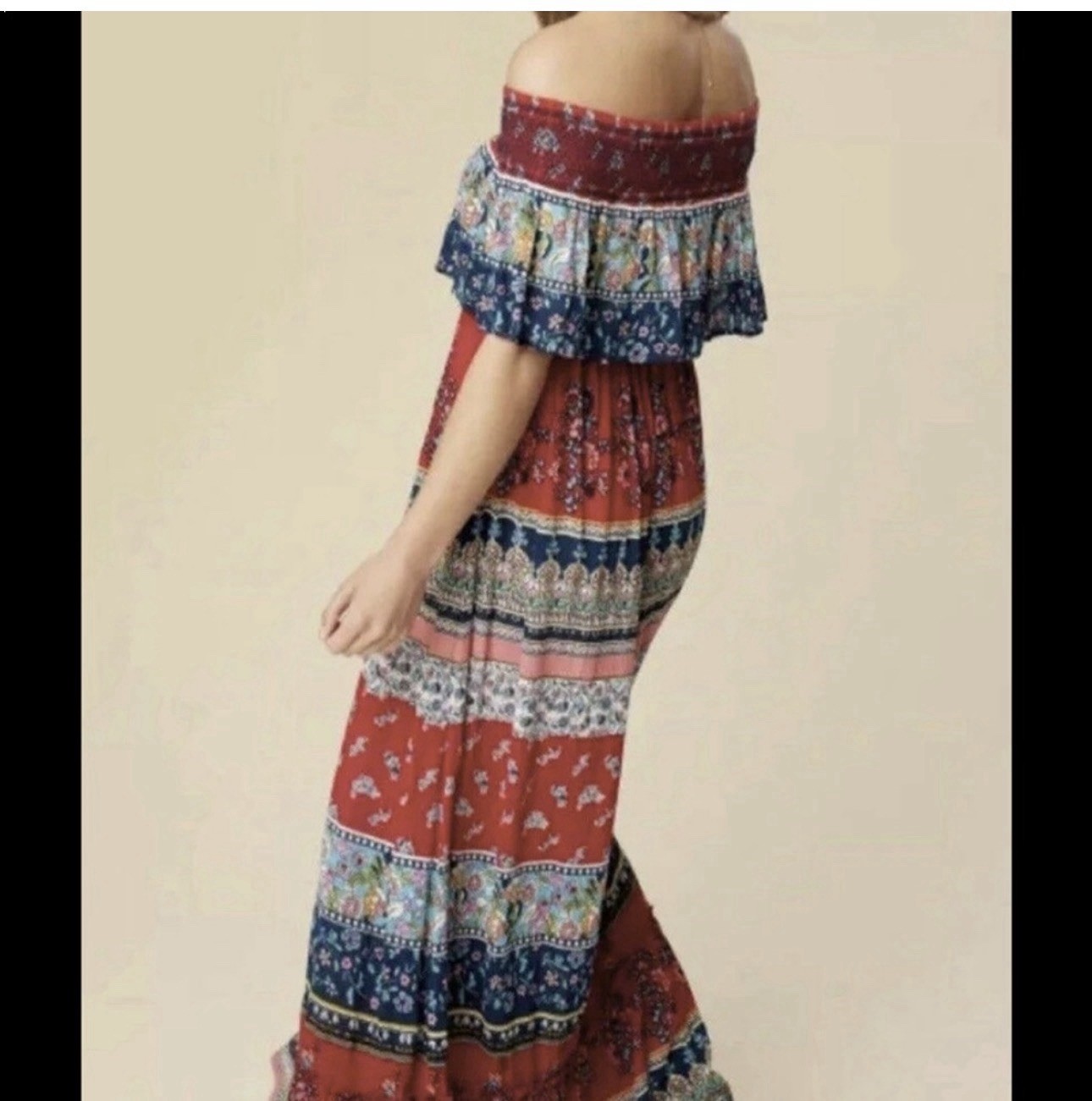 Altar’d State Off the shoulder Maxi Dress Red/Blue Floral Boho Print Sz S