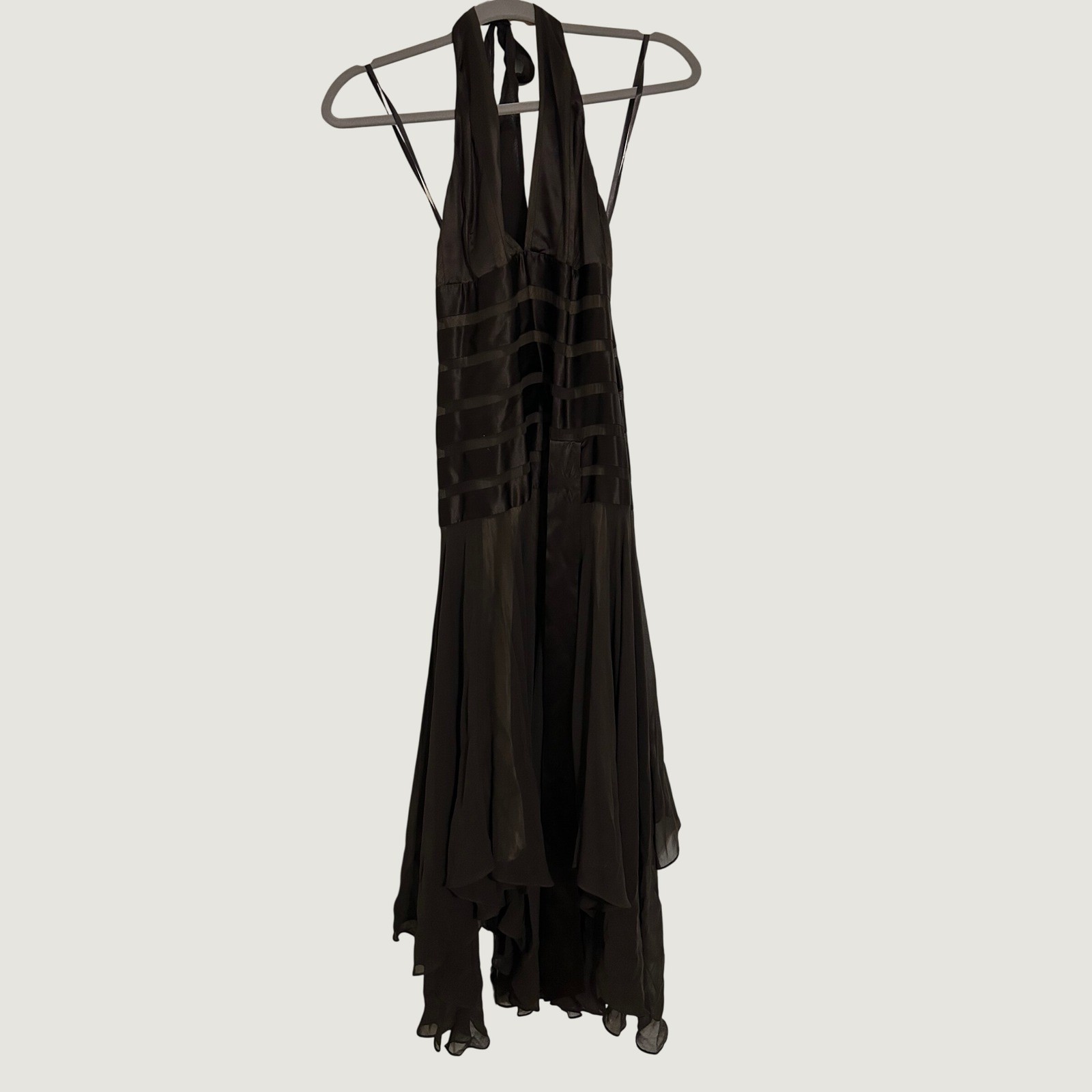 Chocolate Brown Satin Banded Halter Midi Dress with Handkerchief Hem and Bow