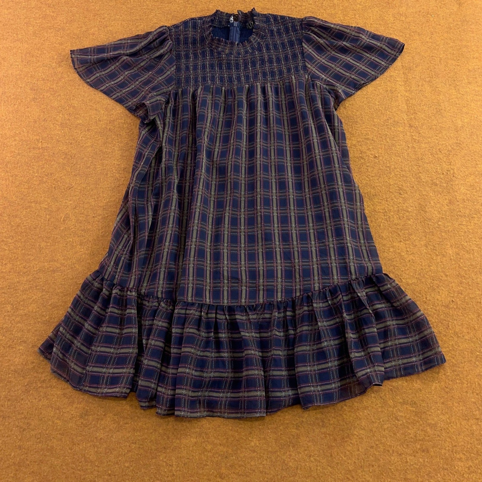 AQUA Womens Large Navy Plaid Smocked Ruffle Mini Dress NWT