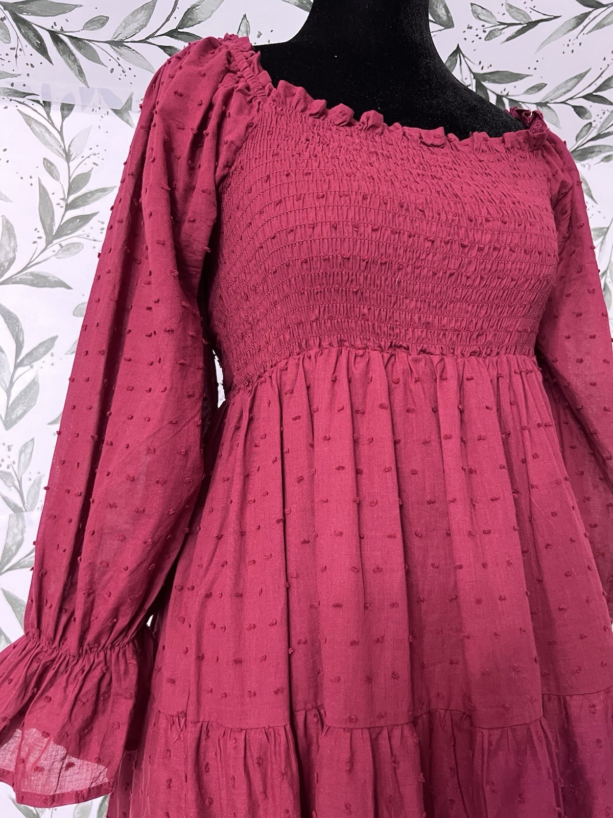 R. Vivimos Plaid Puff Sleeves Bow Boho Midi Dress Sz M Burgundy Vacation Casual