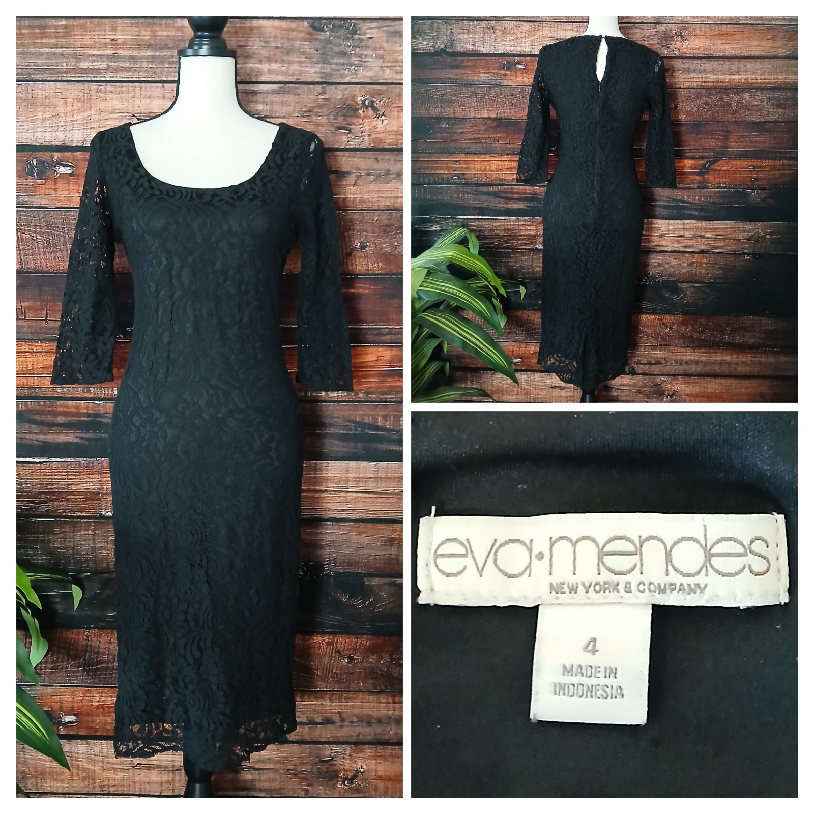 Eva Mendes NY & Co Dress Size 4 Black Lace Sheer 3/4 Sleeves Stretch Lined Zip