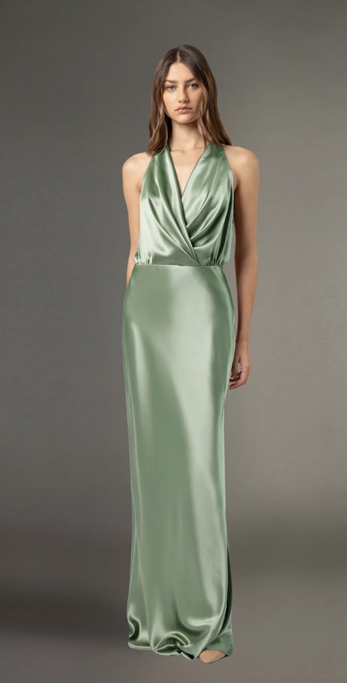 Michelle Mason Green Silk Satin V-Neck Sleeveless Maxi Dress Zip Closure 4