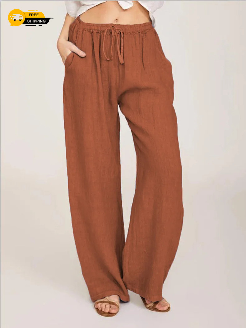 Linen Pants Summer and Autumn Solid High Waist Wide-Leg Trousers Female Loose He