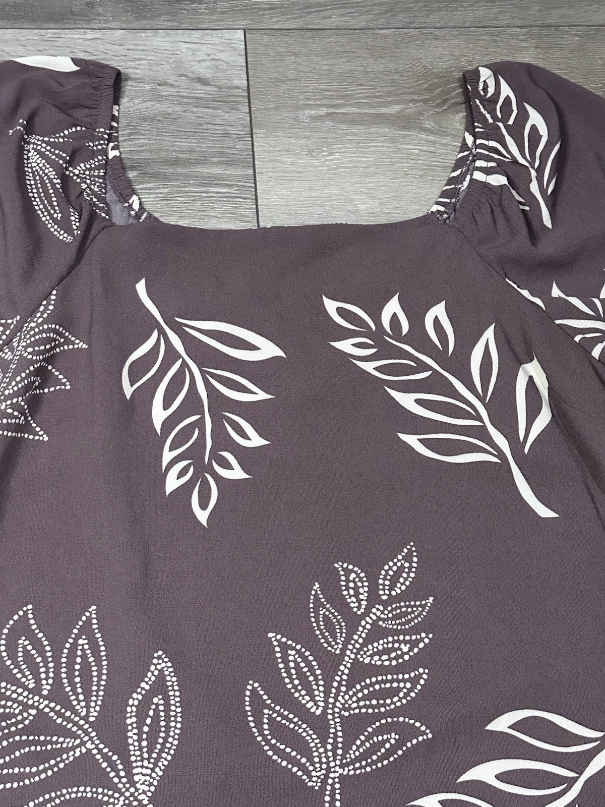 Absolutely Famous XL Square Neck Puff Sleeve Neutral Leaf Print Midi Dress Boho