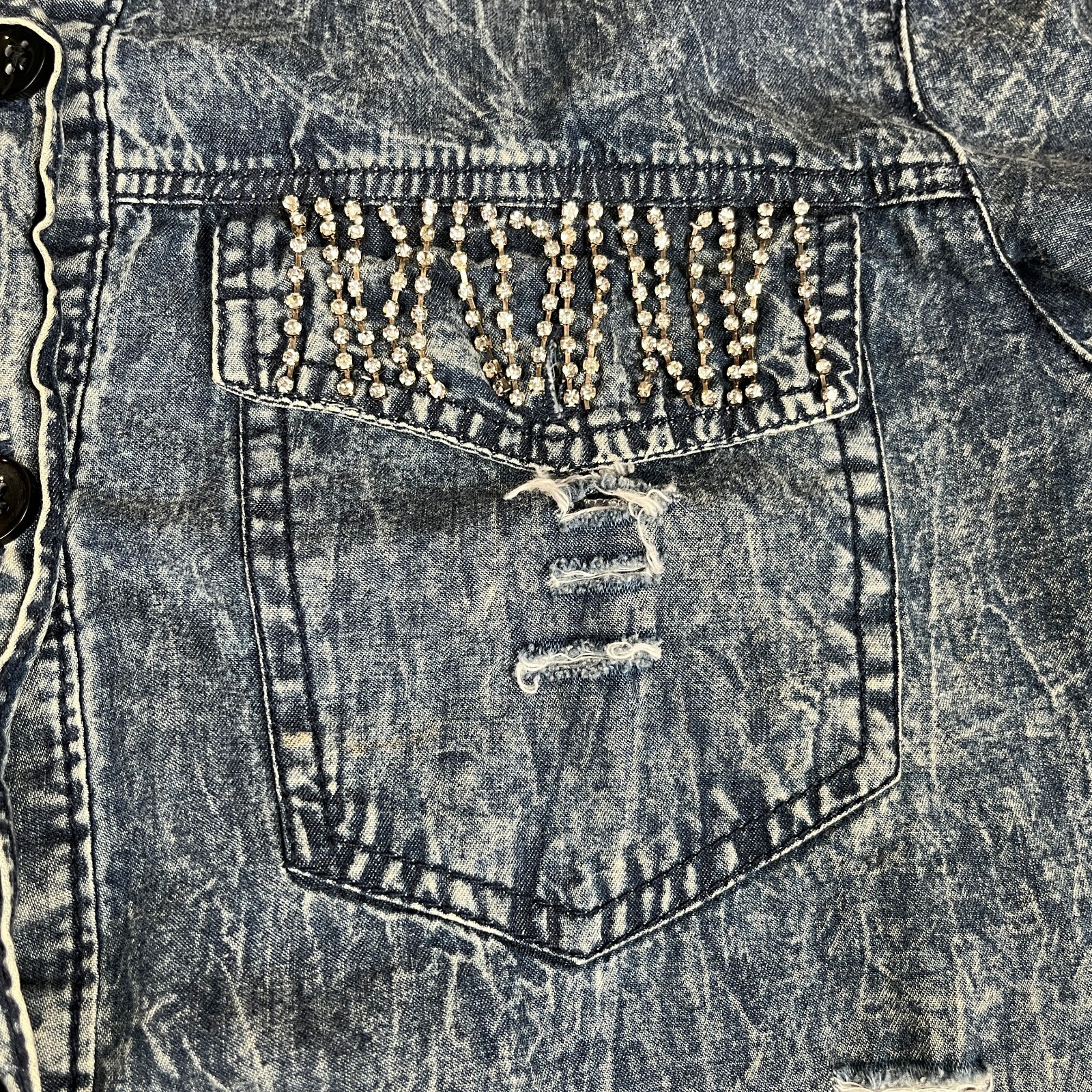 THRILL Distressed Denim Shirt Dress Women’s M Acid Wash Rhinestone Y2K Grunge