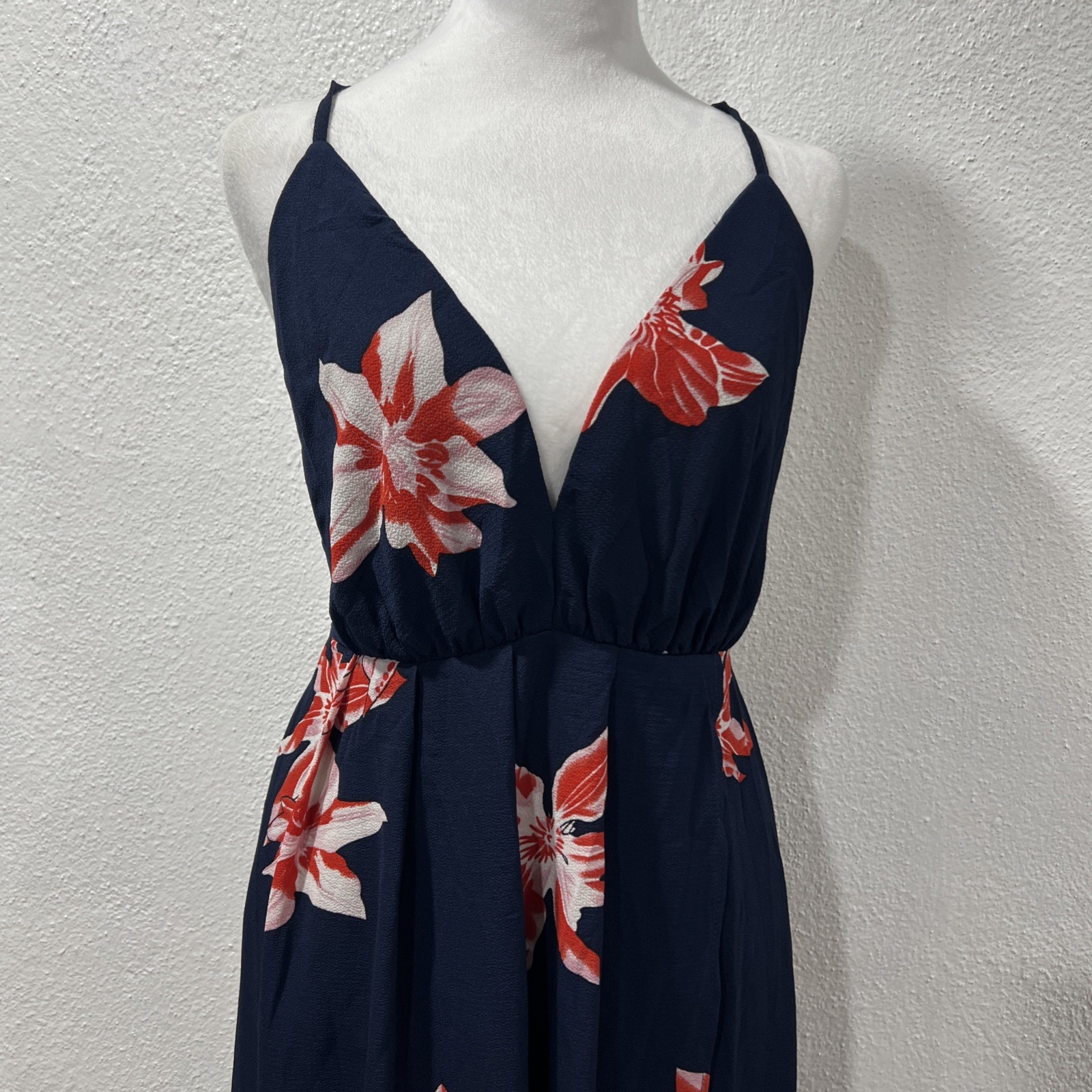 Simplee Floral Maxi Dress Large Navy Orange V-Neck Halter Mock Wrap High Slit
