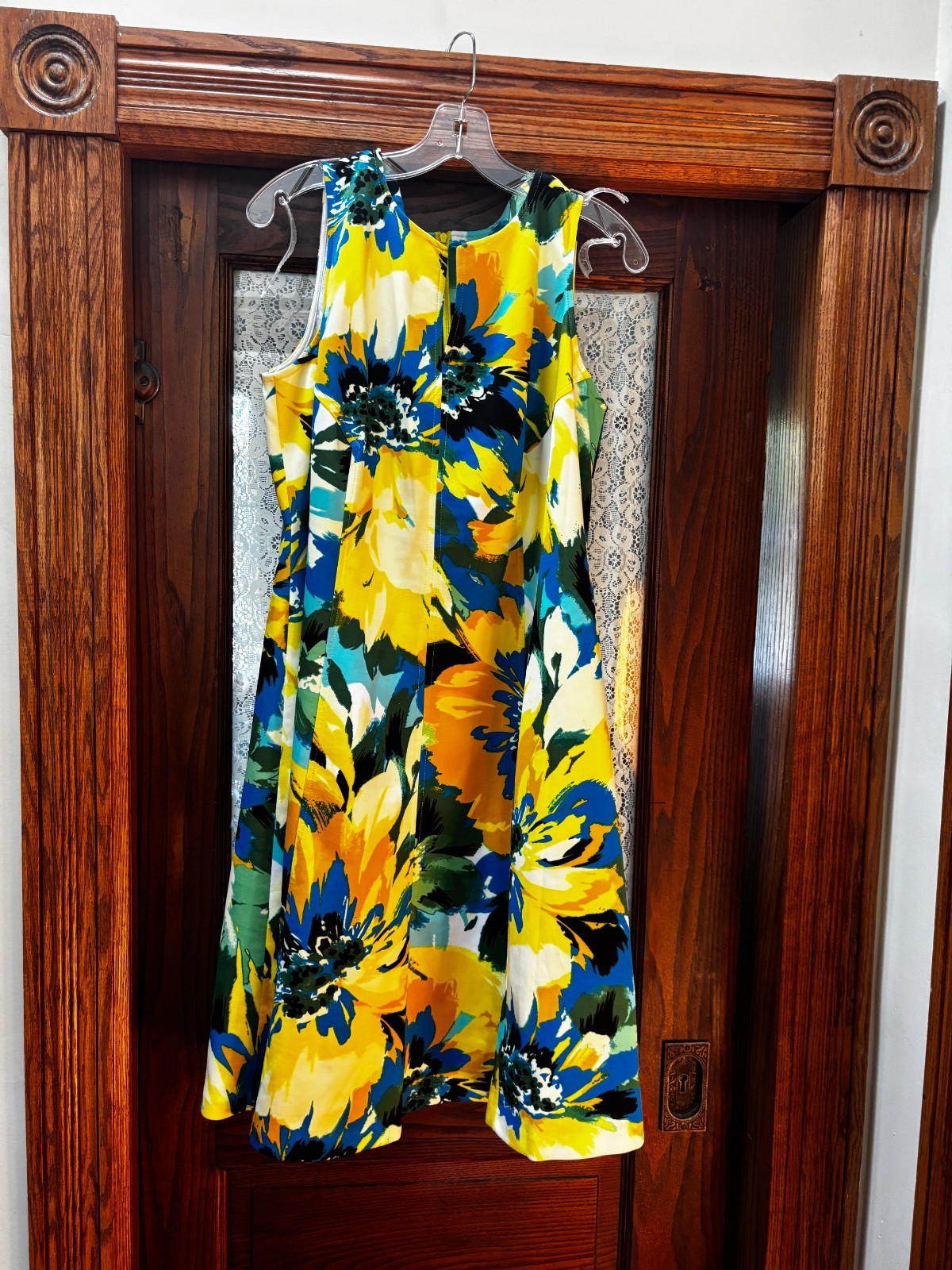 London Times Woman Sleeveless Dress 16W new, no tags, blue yellow modern floral