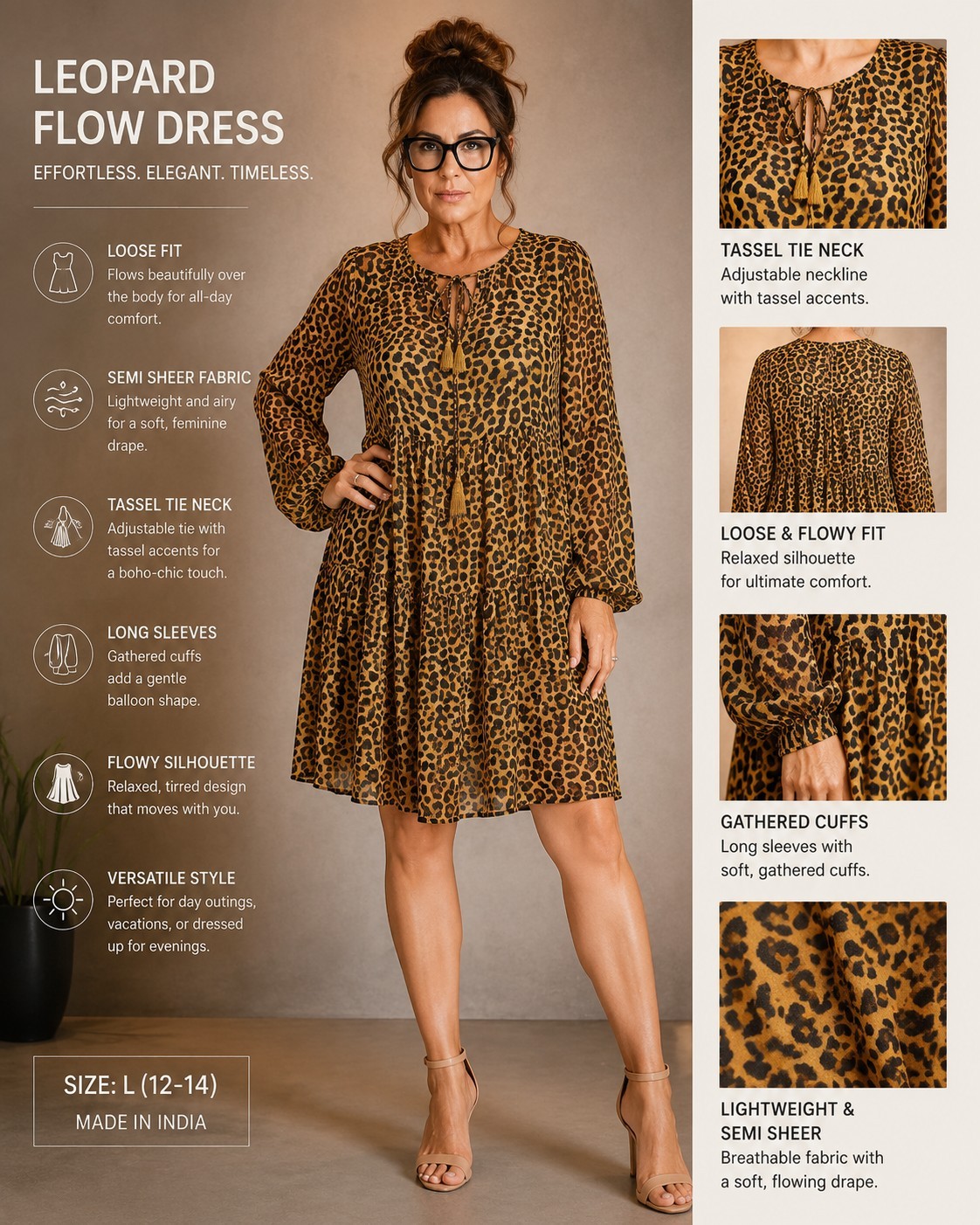 Time and Tru Dress L Silky Leopard Print Boho Hippie Peasant Babydoll Sundress