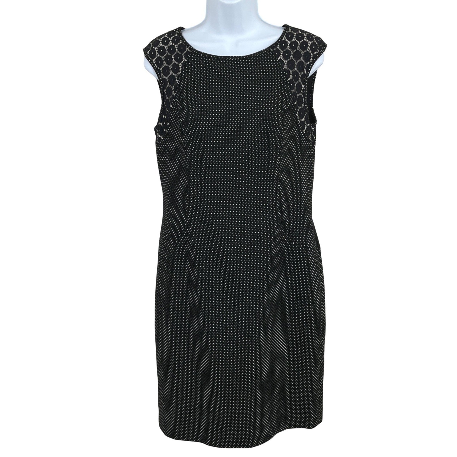 Ann Taylor Sheath Dress Womens 8 Black Polka Dot Lace Yoke Chic Classic Timeless