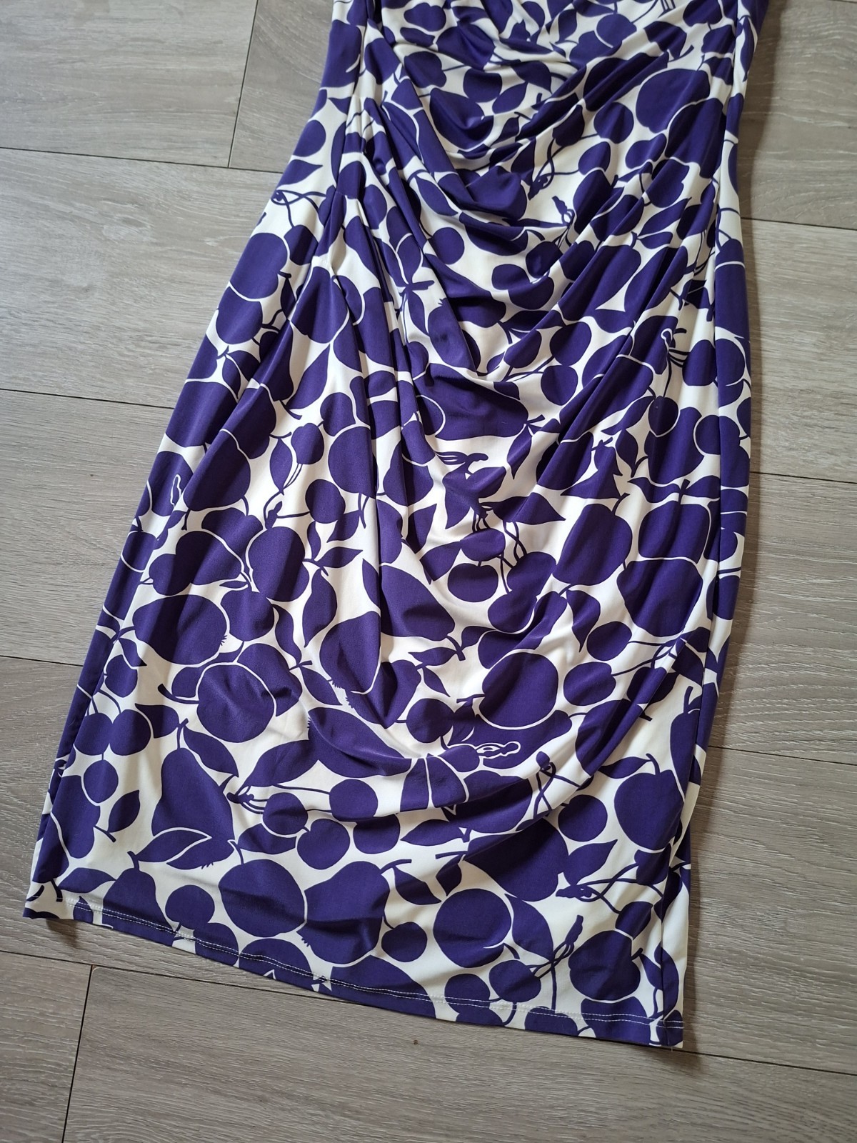 Phase Eight White & Purple Fruit Print Bodycon Dress Shift Ruched Wiggle UK14