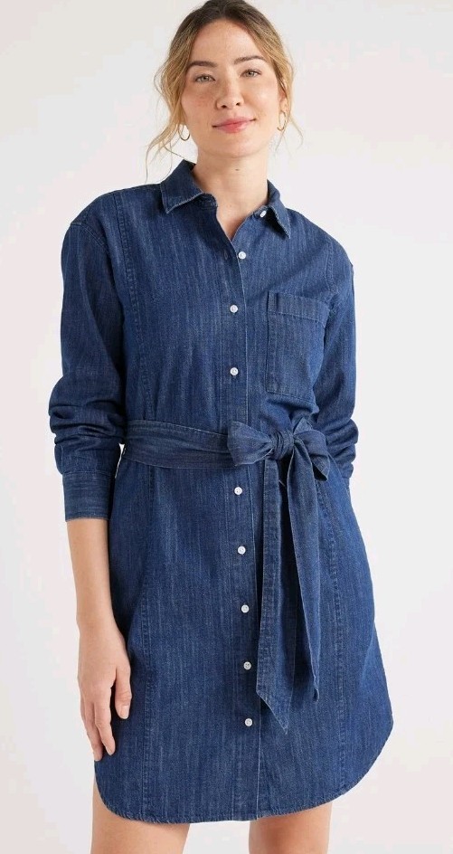 Womens Free Assembly Long Sleeve Shift Denim Dress Indigo Wash Size L. CB1