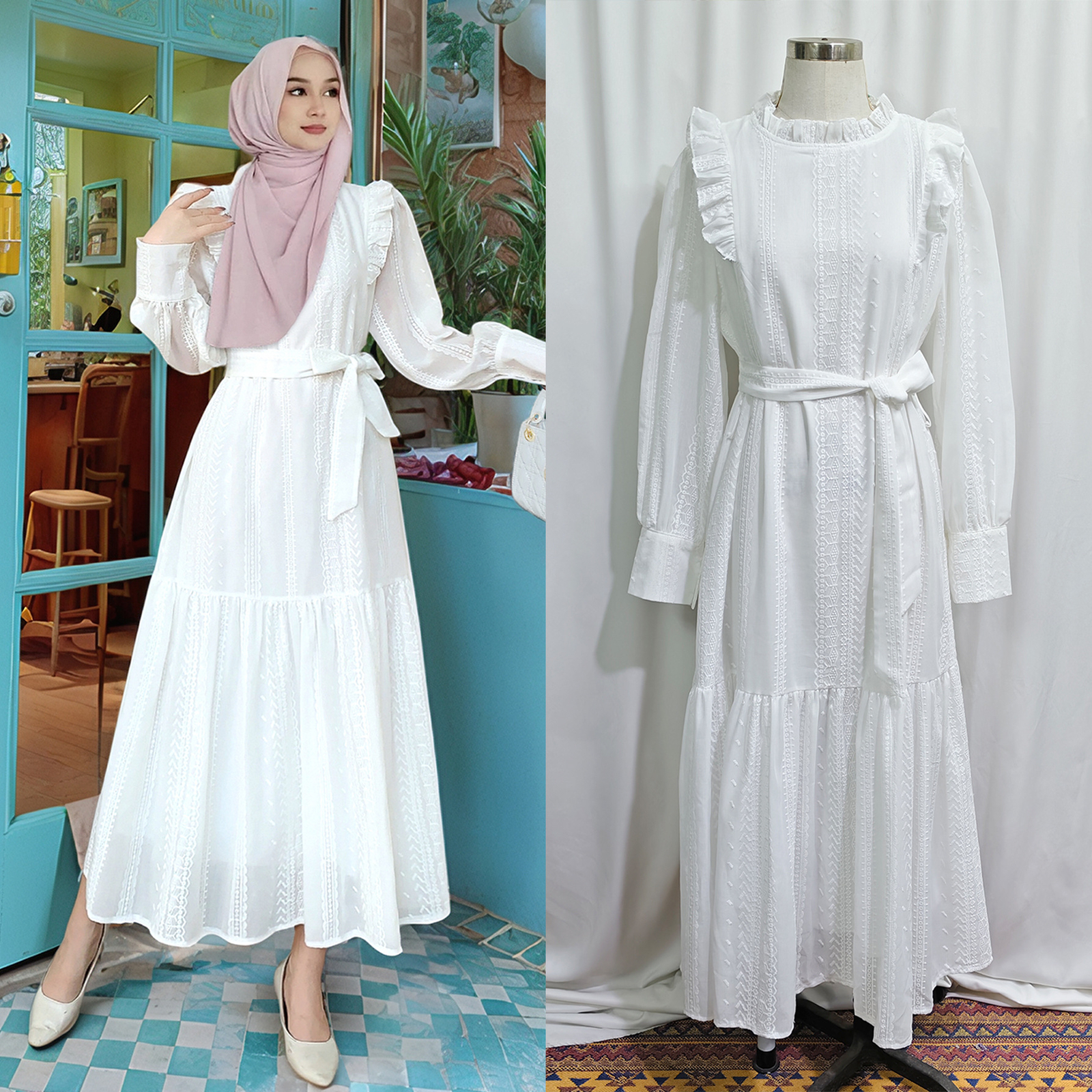 Abaya Women Ruffles Embroidery Muslim Maxi Dress Dubai Malaysia Evening Gown New