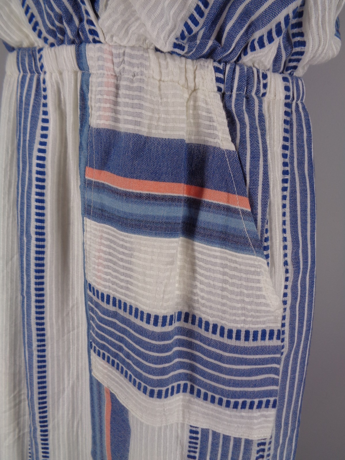 THML Stripe Pom Pom Tie Neck Dress Size Small White Blue Coral