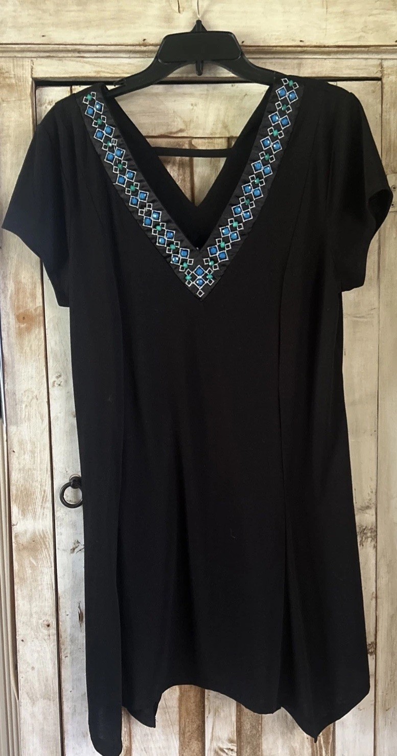 Pretty Black V-Neck Knit Dress With Faux Turquoise Green And Blue Embellishments