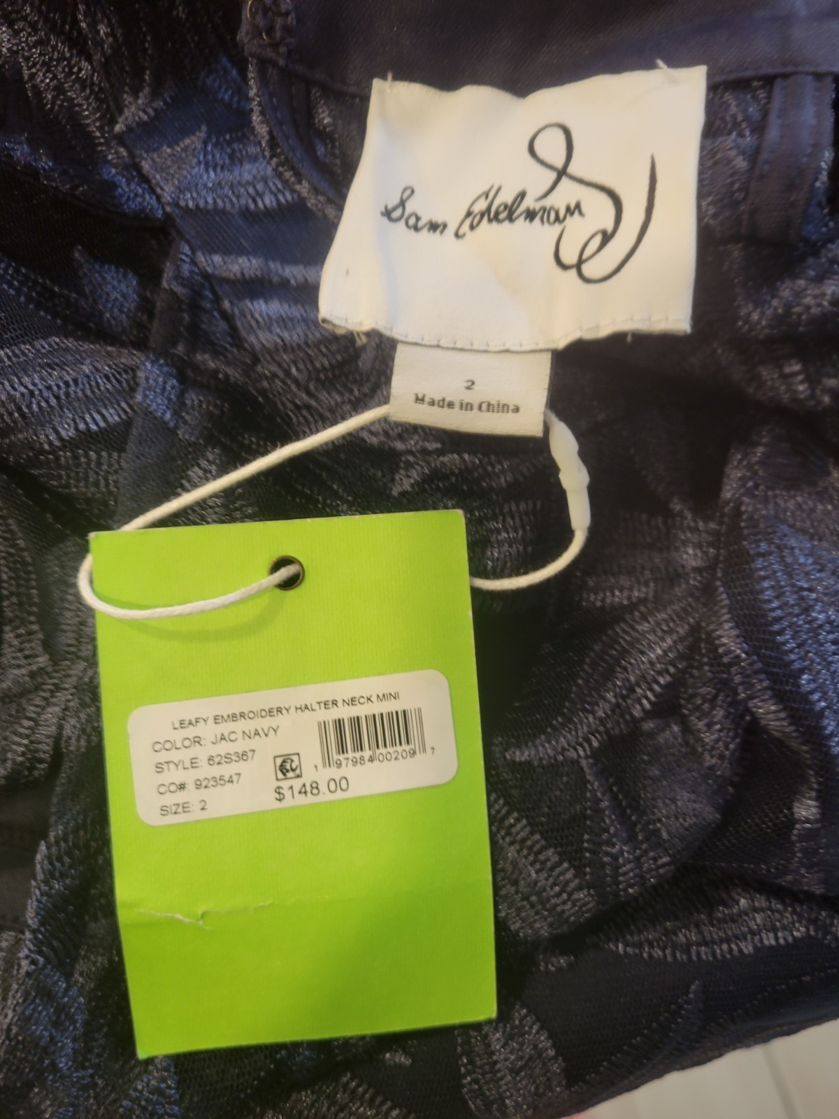Sam Edelman Leaf Embroidery Halter Sheath Dress Navy Blue NWT $148 2
