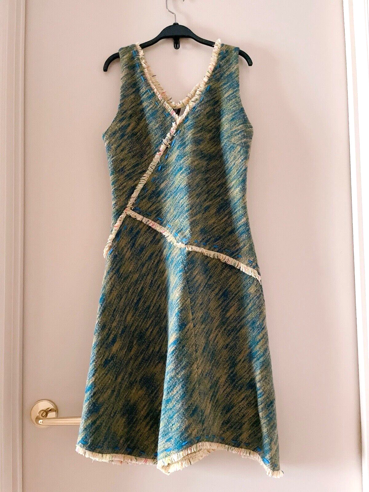 CACHAREL Unbalanced Wool Tweed Dress with Frayed Trim, Green-Blue, Size 40/Small