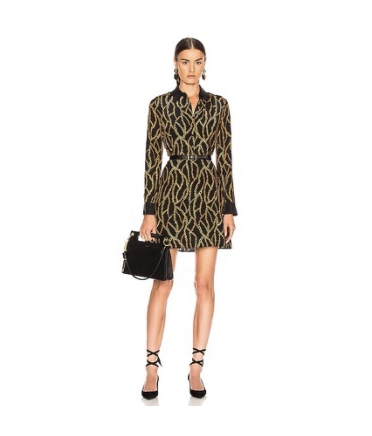 L’AGENCE Black/Gold Chain Print Silk Collared Long Sleeve Shirt Dress Size 6