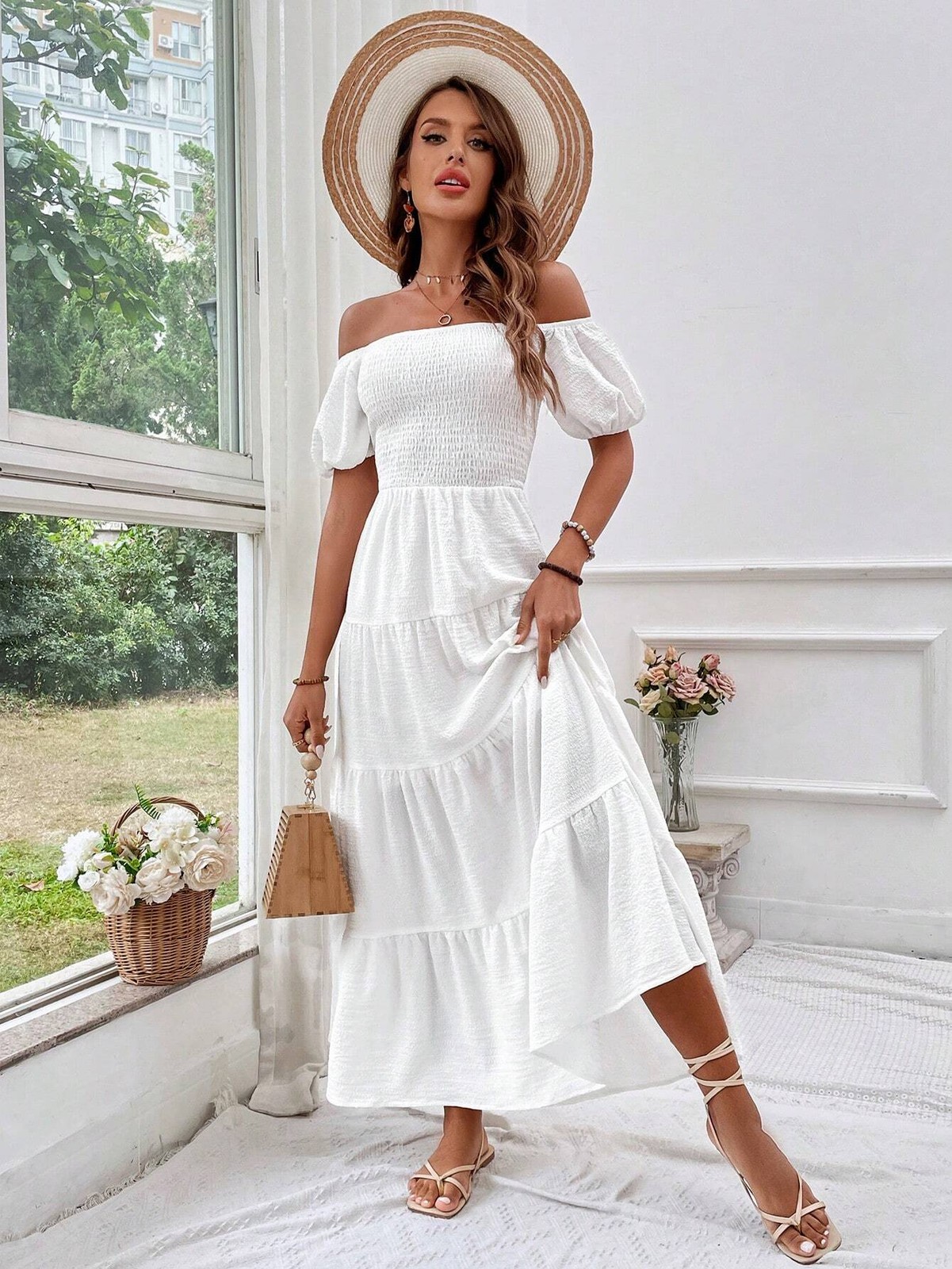 Elegant ladies off shoulder holiday dress in white