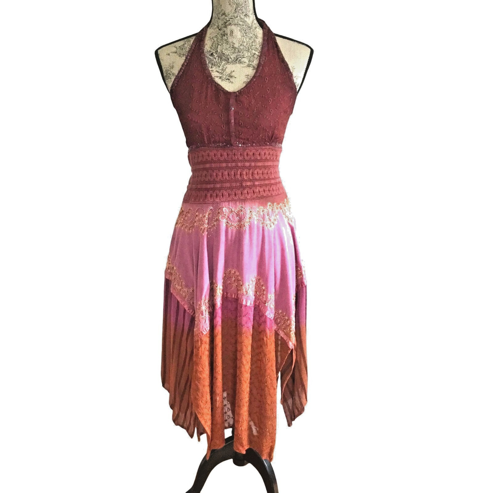 Boho Patchwork Halter Dress Sequin Embroidered Asymmetrical Handkerchief Hem S