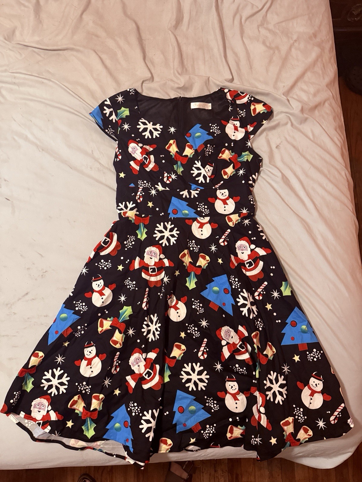 Happynice Women’s M Black Christmas Santa Snowman A-Line Dress Short Sleeve