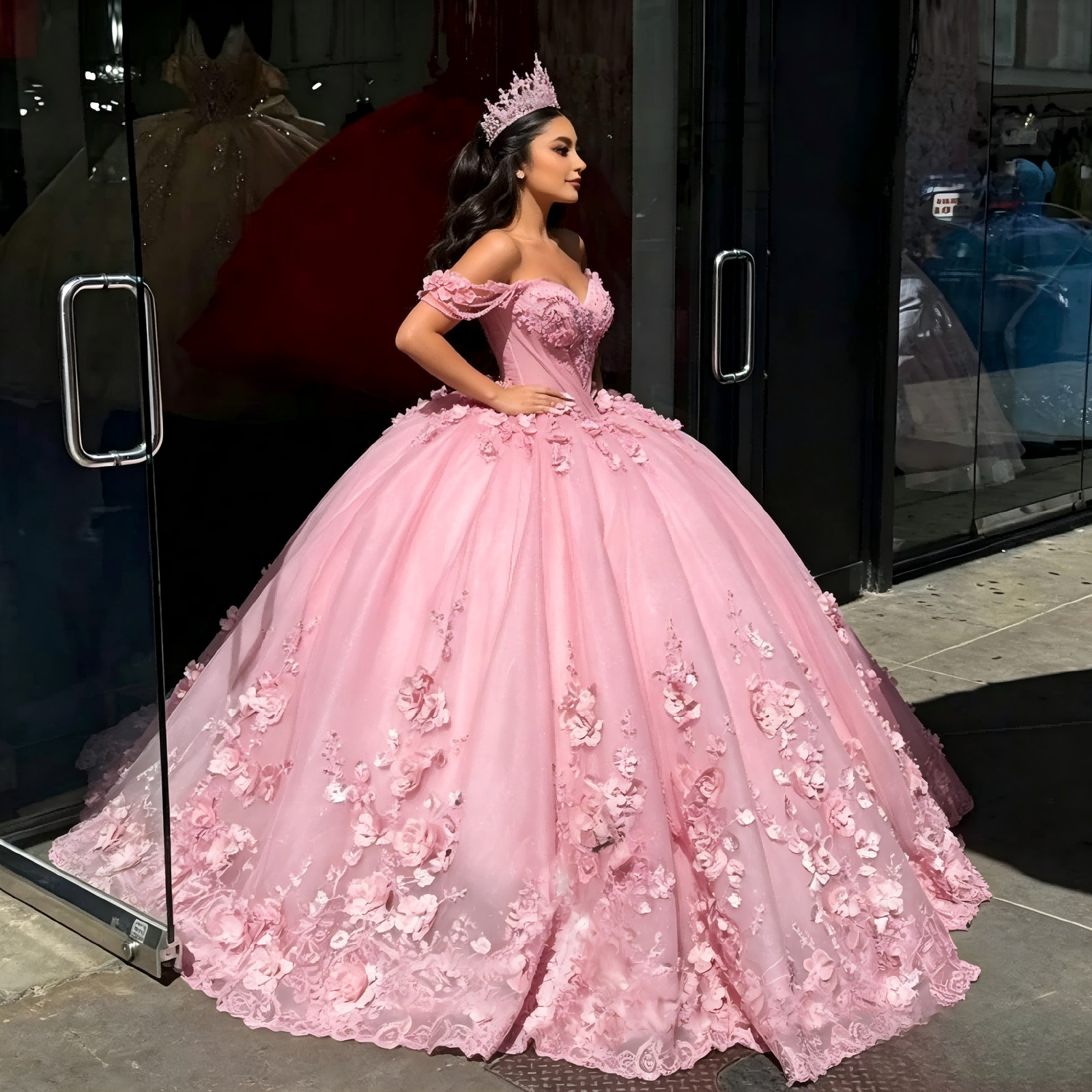 Off Shoulder Hot Pink 3D Floral Sparkle Tulle Quinceanera Ball Gown With Train