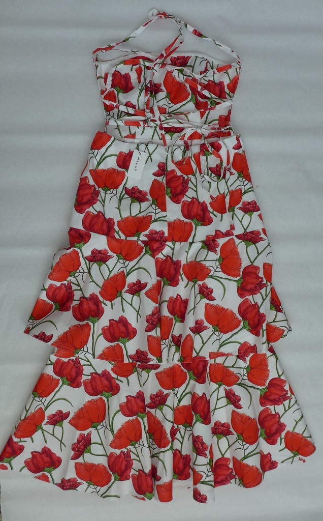MILLY $475 Women’s 10 Open Cross Back Red Peonia Poplin tiered Midi Dress