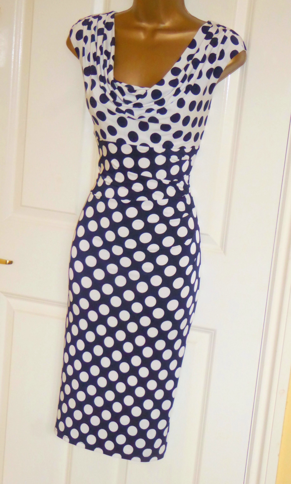 Phase Eight navy white polka dot dress size 14 12 wedding guest stretch spotted