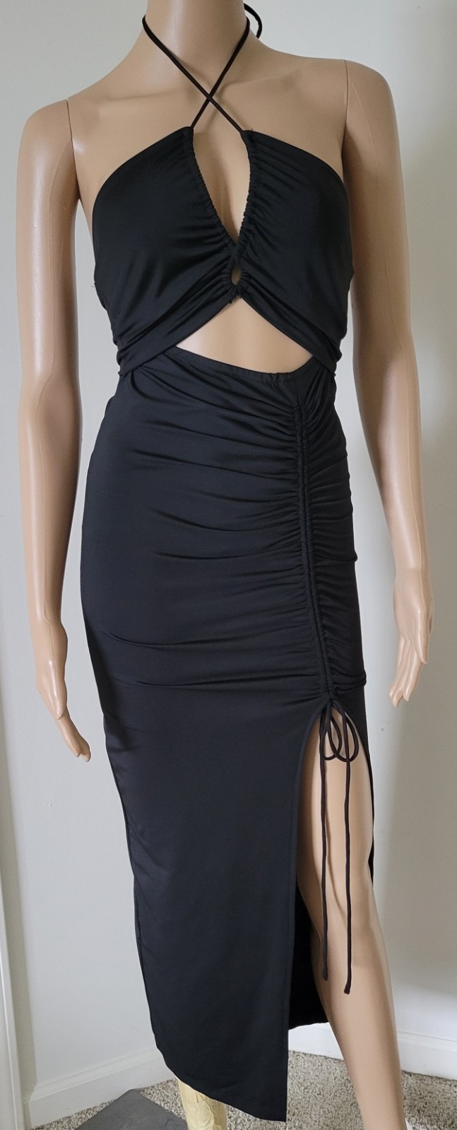 Princess Polly Black Cut Out Halter Bodycone Slit Straps Stretch Midi Dress 2