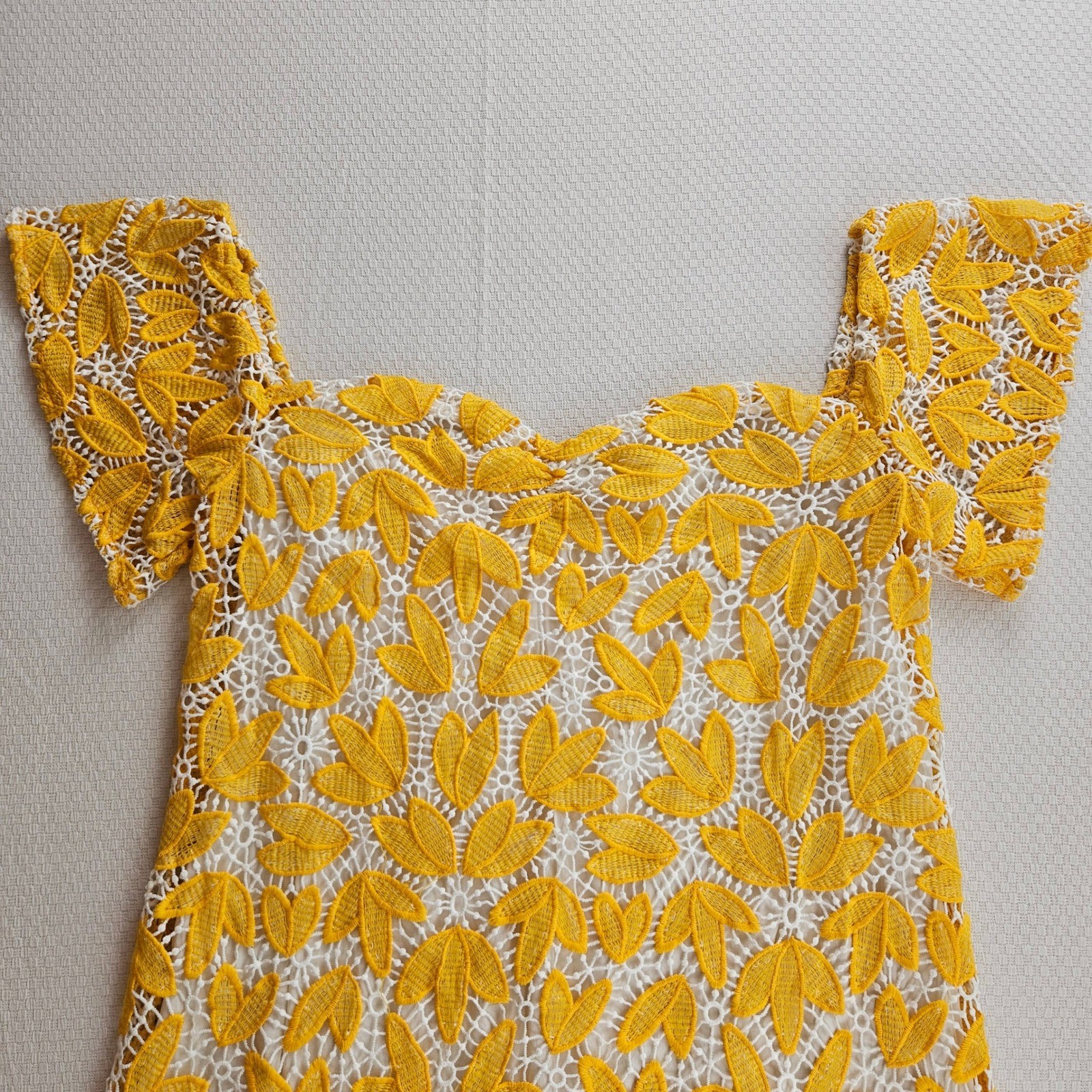 Ellison Yellow Floral Guipure Lace Crocheted Off Shoulder Mini Dress L Wedding