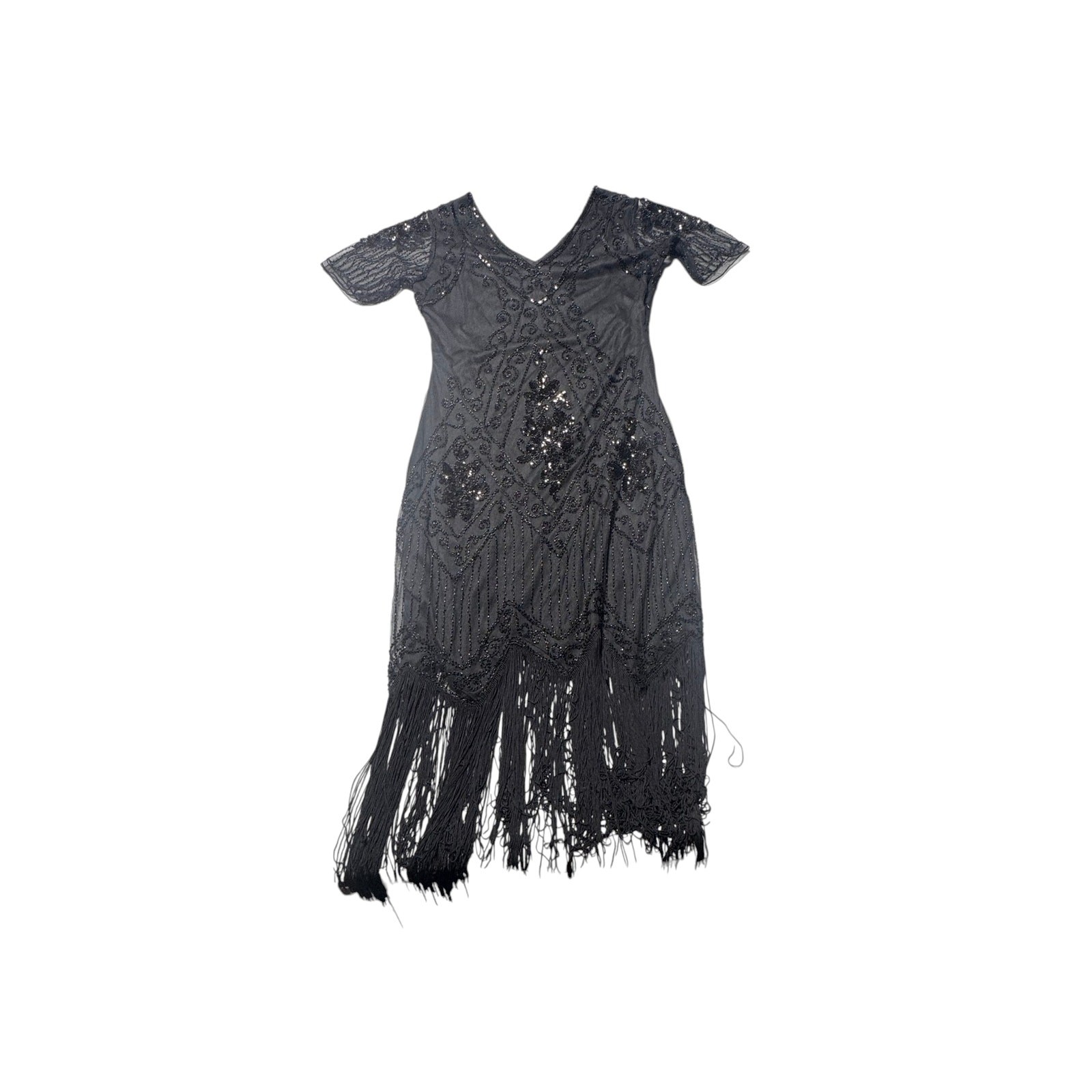 Babeyond Flapper Dress Womens L Black Beaded Sequin 1920s Great Gatsby Fringe