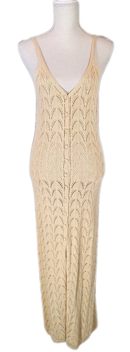 Forever 21 SzL Semi-Sheer Crochet Knit Cami Maxi Dress Duster CoverUp Cream Boho