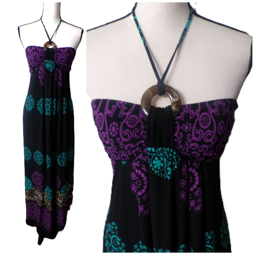 Y2k En focus Maxi Halter dress 4 Plastic O-ring Black Mandalas Fairy WhimsiGoth