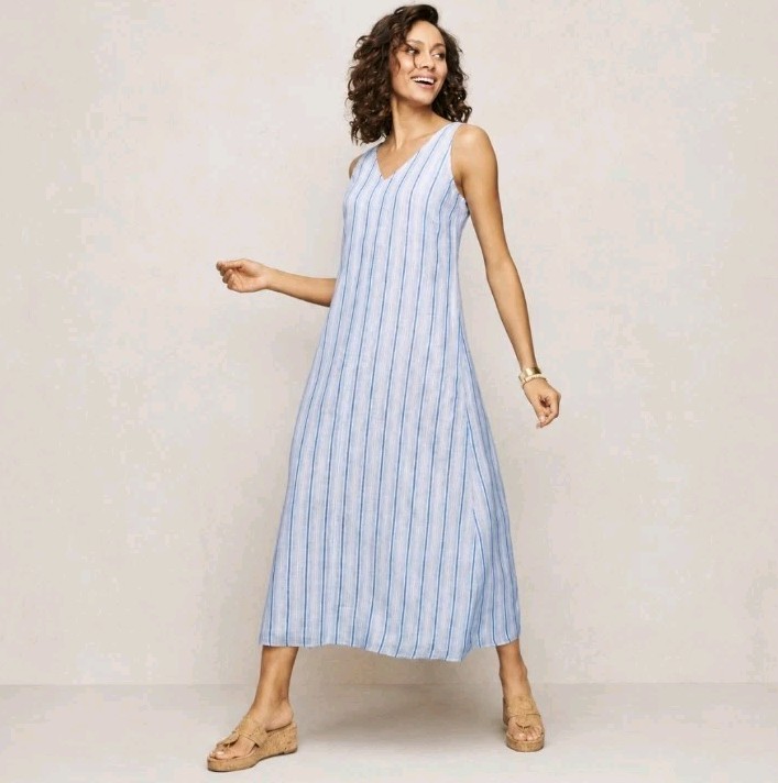 Talbots 100% Linen Maxi Dress Blue Striped Sleeveless Size 16 Coastal Nautical