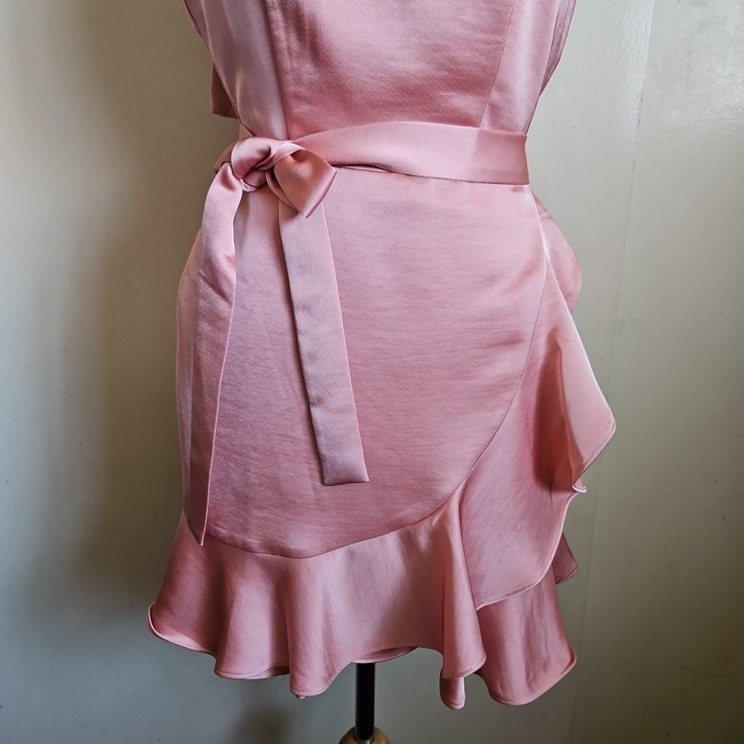 Lulus Salmon Pink Satin Wrapped Ruffle Strappy Belted Mini-Dress Size XS