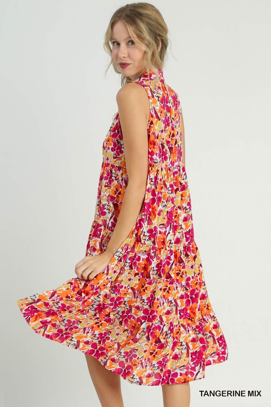 Umgee Multi Floral Print Sleeveless Collared Split Neck Tiered Midi Hi Lo Dress