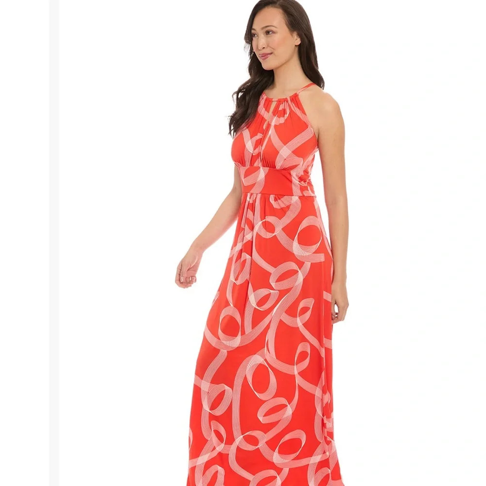 NWT Elegant Red / White Halter Maxi Dress by London Times SIZE 14 MSRP 89.00