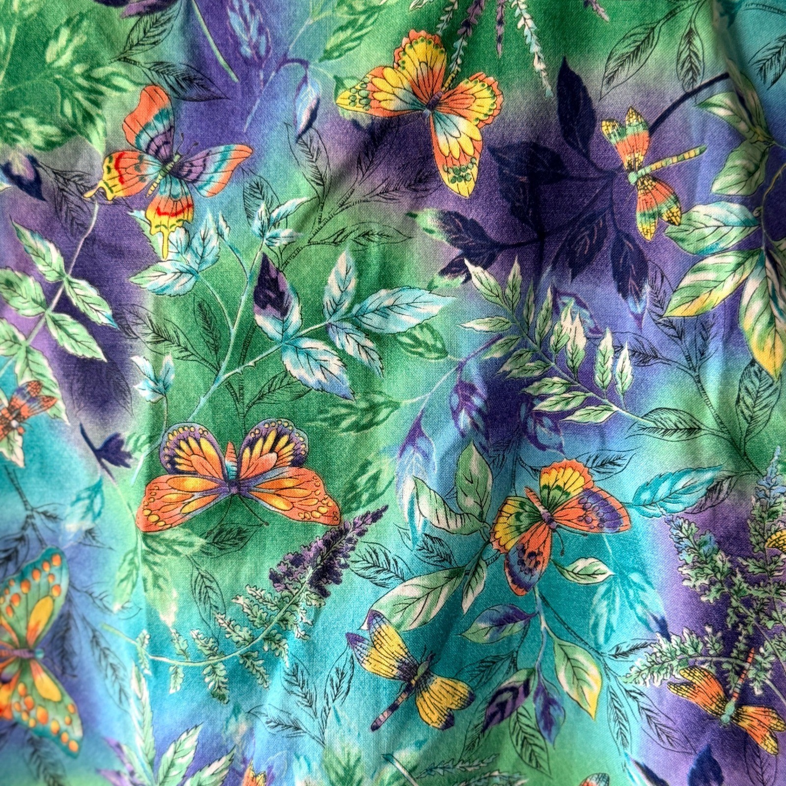 Vintage Whimsy Butterfly Dragonfly Print Drop Waist Sundress, Green Purple,S